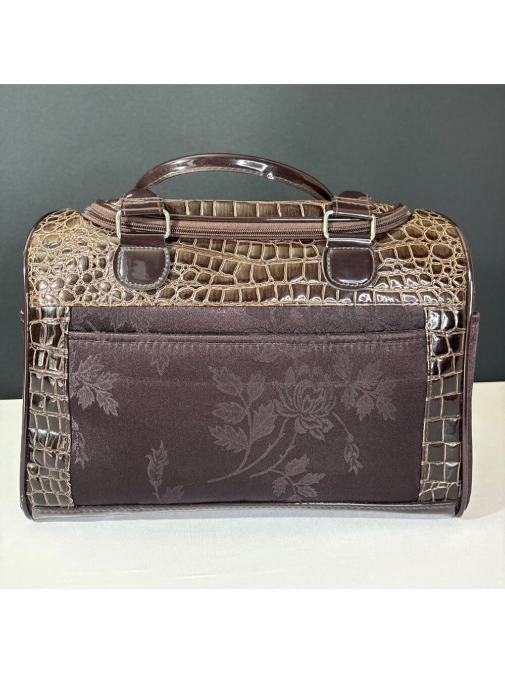 Faux Crocodile Travel Bag  Duffel Dual Handbag With Cosmetic Case Brown Floral - Picture 16 of 16